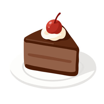 Chocolate Cake Slice with Whipped Cream and Cherry Cartoon Illustration