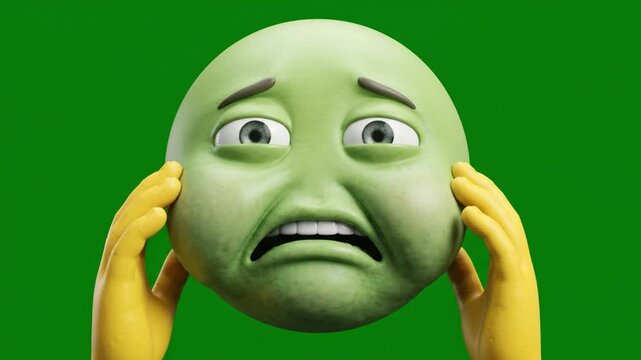 3D Sick Green Emoji Holding Cheeks in Pain on Green Screen. 4K Video