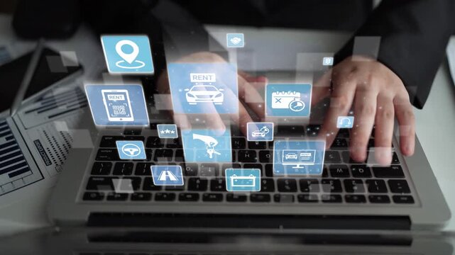 Online car rental service with booking, GPS, key handover and vehicle sharing icons representing modern mobility, travel convenience and digital rental platforms. Funnel