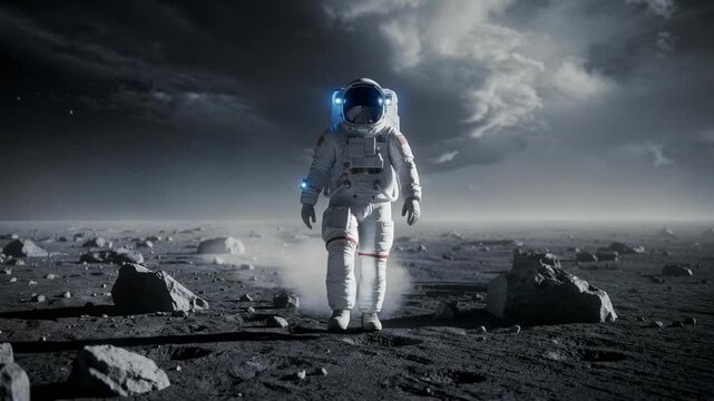 Astronaut walking on the rocky surface of the moon with dramatic cloudy sky in the background