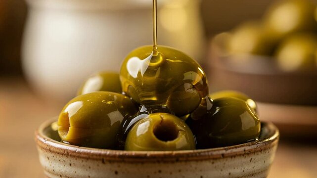 Close up of green olives with olive oil pouring over in a rustic bowl healthy Mediterranean food