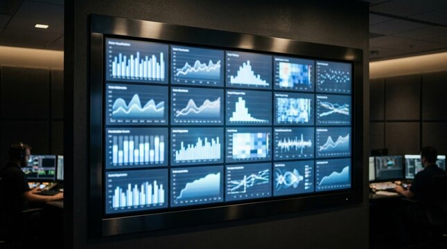 Wall-mounted digital dashboard with glowing blue rectangular data panel display showing analytics charts and graphs in dim high-tech monitoring room with seated operators