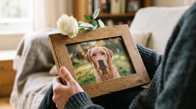 Hands holding rustic wooden frame with beloved dog photo and white rose, soft window light, cozy living room background, memorial pet tribute concept