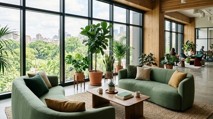 Fototapeta premium Modern green office lounge with curved sage-green sofas, wooden coffee table, potted indoor plants, floor-to-ceiling windows overlooking city skyline and lush greenery in workspace
