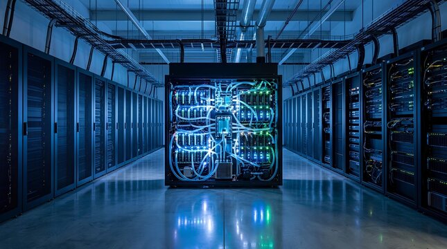 Modern data center server room with rows of dark metal rack cabinets and illuminated liquid-cooled supercomputer unit glowing with blue network cables on polished floor