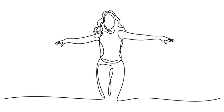 Continuous one line drawing of a happy woman standing with arms wide open expressing freedom and joy isolated on a white background Vector, illustration