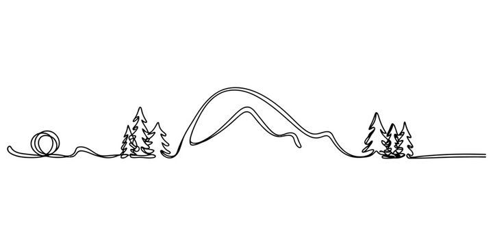 Continuous one line drawing of mountain range with pine trees and sun Vector, illustration