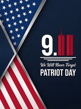 Elegant Patriot Day vertical poster featuring a metallic silver diagonal frame, American flag accent stripes, Twin Towers graphic, and dark blue background.