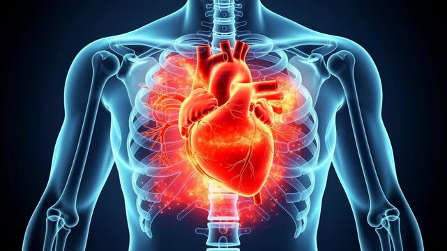 Detailed 3D illustration of human heart anatomy with glowing effects inside rib cage for medical education