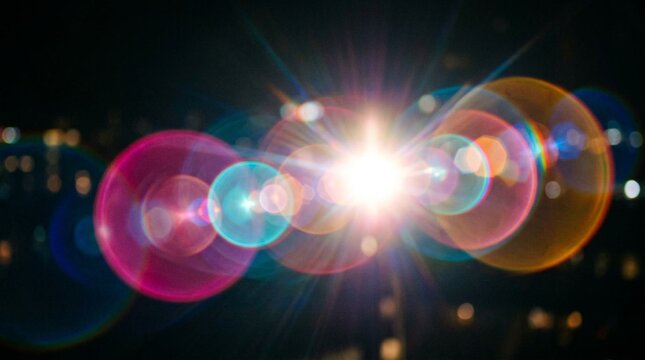 Colorful prism lens flare with translucent overlapping circles bursting across dark background, glowing magenta orange and blue optical light effect, sparkle burst, vivid bokeh