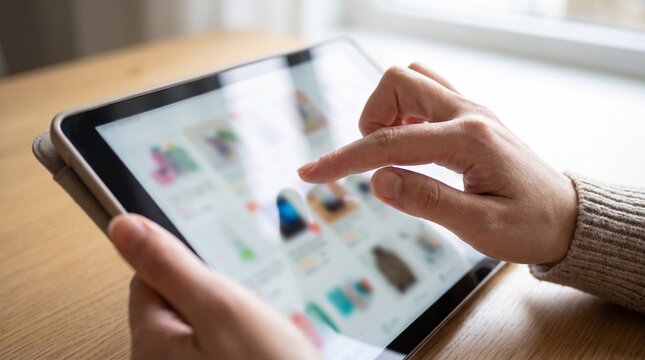 Person's hand holding a tablet computer and using finger to tap on the screen with shopping website on display