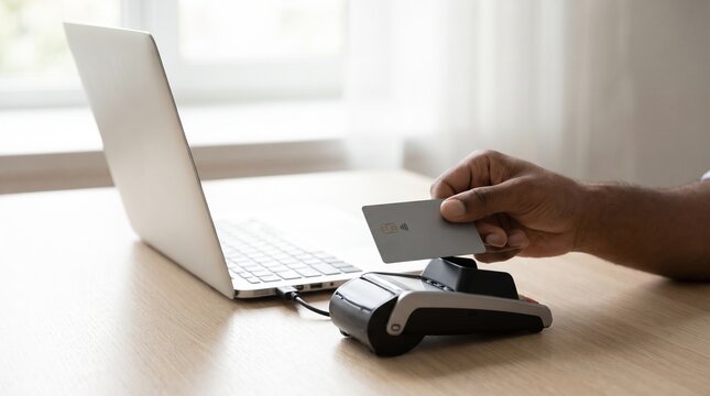 A person's hand holds a credit card near a payment terminal connected to a laptop, signifying online transaction.