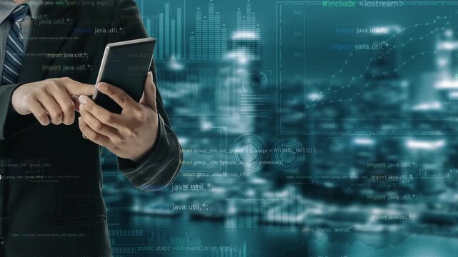 A businessman inputs data on a smartphone while surrounded by abstract graphics and charts, reflecting modern business and technology integration in corporate settings. Xenic