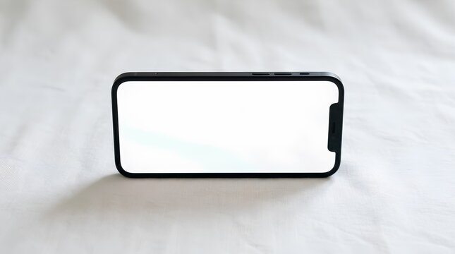 Modern black smartphone lying horizontally on soft white fabric with clean blank screen mockup, minimalist tech product photography for app or website design template presentation