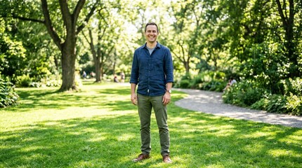 Fototapeta premium Smiling man in casual attire standing on lush green grass in a sunlit park with tall trees and dappled sunlight, relaxed lifestyle portrait during summer day