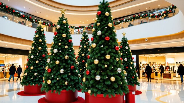 Decorative Christmas trees with ornaments and garlands displayed in a shopping mall center during the holiday season