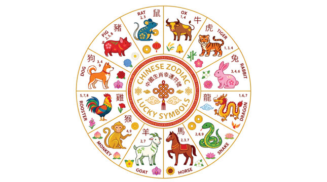 Chinese Zodiac Wheel Chart with Twelve Cute Animals and Lucky Symbols