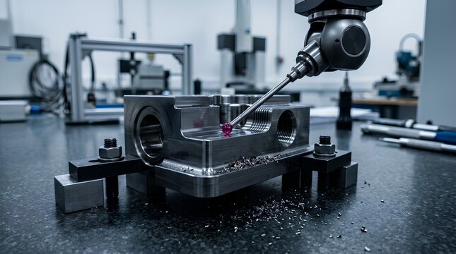 Macro shot of ruby-tipped CMM probe precisely measuring a machined steel industrial component inside a precision manufacturing laboratory with metal shavings on surface