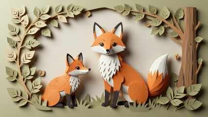 Fototapeta premium Cute Woodland Fox Paper Craft Decorations