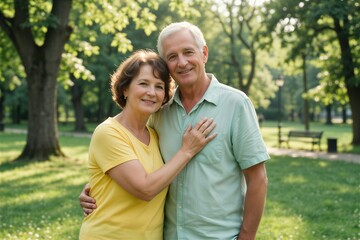 Fototapeta premium Joyful senior couple enjoying a sunny day in the park, embodying active aging and companionship.
