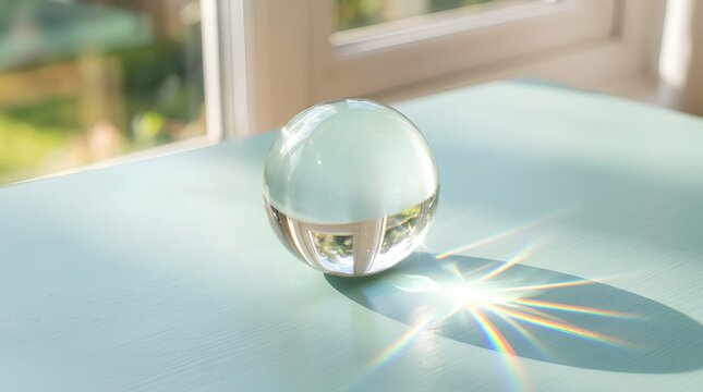 Clear crystal glass sphere on soft mint blue table refracting bright sunlight creating glowing starburst and rainbow prismatic light caustics by window