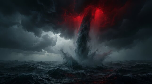 Dark stormy seascape with crimson water spout erupting amid turbulent waves