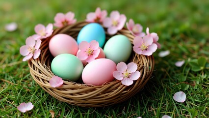 Fototapeta premium Colorful Easter Eggs in a Wicker Basket with Pink Cherry Blossom Flowers on Green Grass