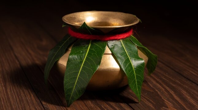 Decorative brass ritual pot wrapped with green leaves and red string on dark