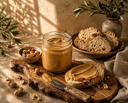 Creamy peanut butter in a glass jar served with toast bread whole peanuts and a knife on a rustic wooden board