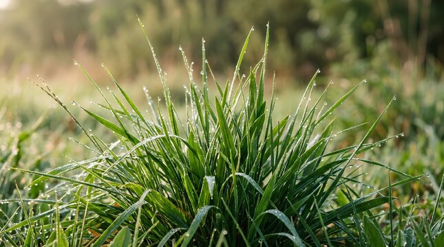 Close-up of lush green grass tuft with glistening morning dew drops on blades, soft blurred natural background, fresh springtime lawn macro photography