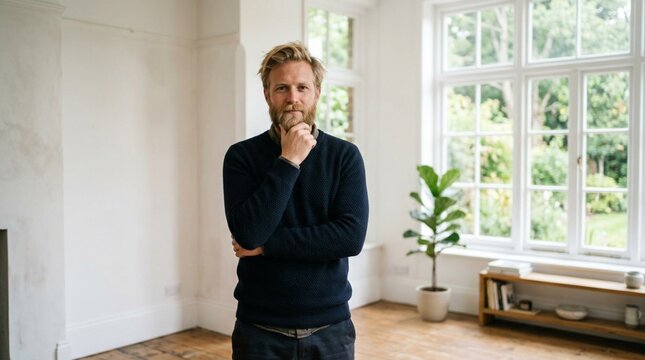 Bearded blond man in his thirties, looking thoughtfully into the camera, standing in a bright white room with large windows and a potted plant, wearing a navy blue sweater