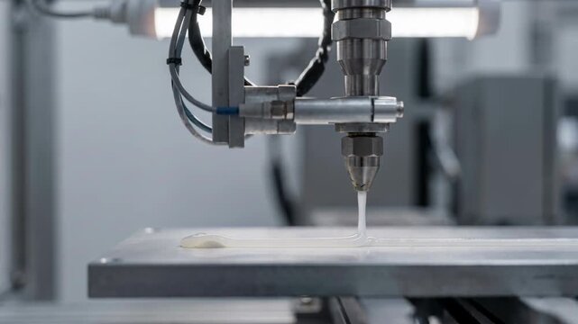 Robotic Dispensing Nozzle Applying Liquid on Industrial Production Line