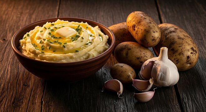 Bowl of creamy mashed potatoes with butter and fresh garlic cloves