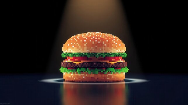 Glowing Pixel Art Cheeseburger on Dark Background with Copy Space