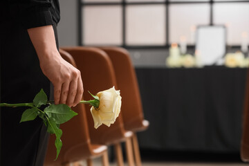 Person in black attire holding a single white rose at a funeral or memorial service, grief and...