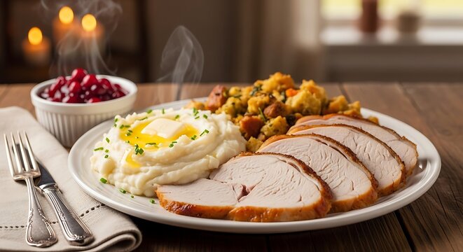 Traditional roasted turkey dinner with mashed potatoes stuffing and cranberry sauce