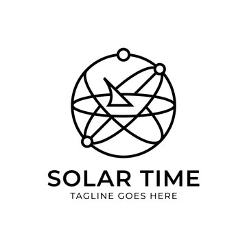 Scientific emblem combining orbits and sun tracking to represent time and energy.