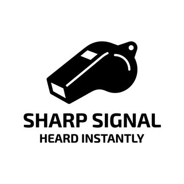 High-contrast whistle icon for communication. Represents coaching, athletic officiating, and immediate emergency signaling.