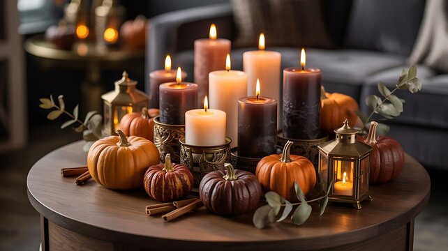 Cozy autumn table centerpiece with lit candles and decorative mini pumpkins