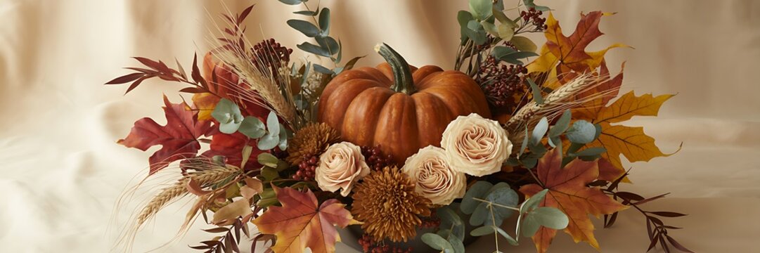 Beautiful autumn centerpiece featuring a pumpkin and colorful fall foliage decor