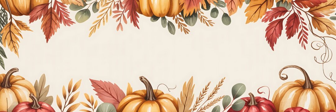 Watercolor autumn frame with pumpkins and fall leaves for seasonal design