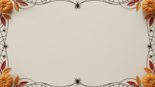 Decorative autumn frame with pumpkins and fall leaves on beige background