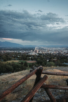 Post Storm Sunset View of Salt Lake City Skyline and Utah State Capitol from Ensign Peak with Wasatch Mountains in Summer
