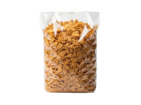Bag of golden wheat cereal squares isolated on transparent background