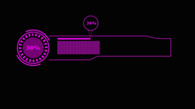 A vibrant purple digital interface featuring a circular gauge showing hundred percent, a vertical bar graph, and a horizontal progress bar, all depicted in bright
