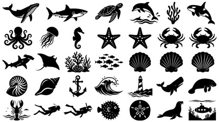 Sea Creatures Vector Set: Black Silhouettes of Marine Animals, Ocean Life Collection with Sharks, Whales, Turtles, Coral Reef, Anchor & Lighthouse for T-Shirt © Graphic Boss