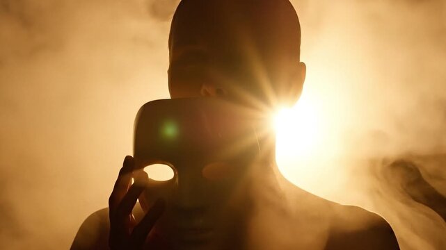 Imposter Syndrome & Identity Concept: Silhouetted Figure Removing White Mask in Smoky Backlight