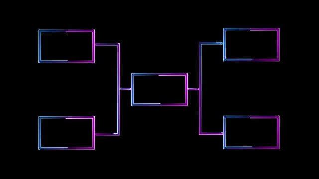 A stylized flowchart diagram with five empty black rectangular boxes outlined in glowing neon blue and purple lines against a black background, suggesting a dynamic.