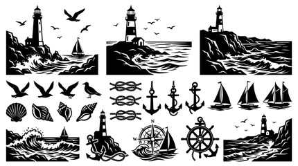 Nautical Collection. Set of lighthouse, sailing ships, anchors, seashells, rope and birds vector graphics. Vintage maritime travel logo symbols. Black and white vintage stamp design. © Graphic Boss
