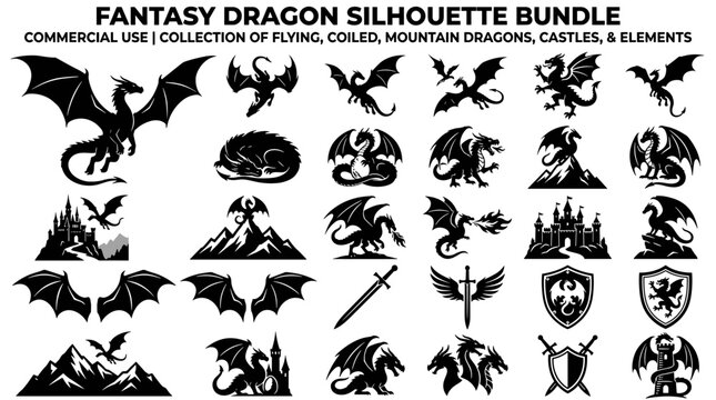 Fantasy dragon silhouette bundle, medieval knights collection, mythical creatures symbols, vector icons for games logos